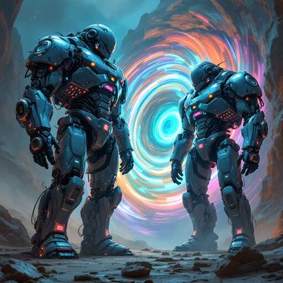 The primary subject of the image is a futuristic robot with a blue and purple spiral on its chest. The robot is standing in front of a large spiral, which appears to be a part of a tunnel or a cave. The setting is a dark and mysterious environment, with the robot being the main focus of the image. The visual style is a combination of digital art and illustration, creating a unique and captivating scene. The colors and mood of the image are predominantly dark and moody,